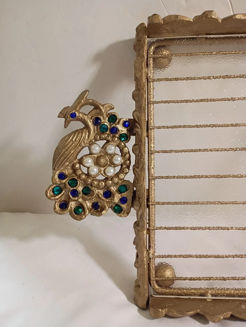 Vtg '60s Hollywood Regency Jeweled Peacock Vanity Tray & Letter Holder Set Gold